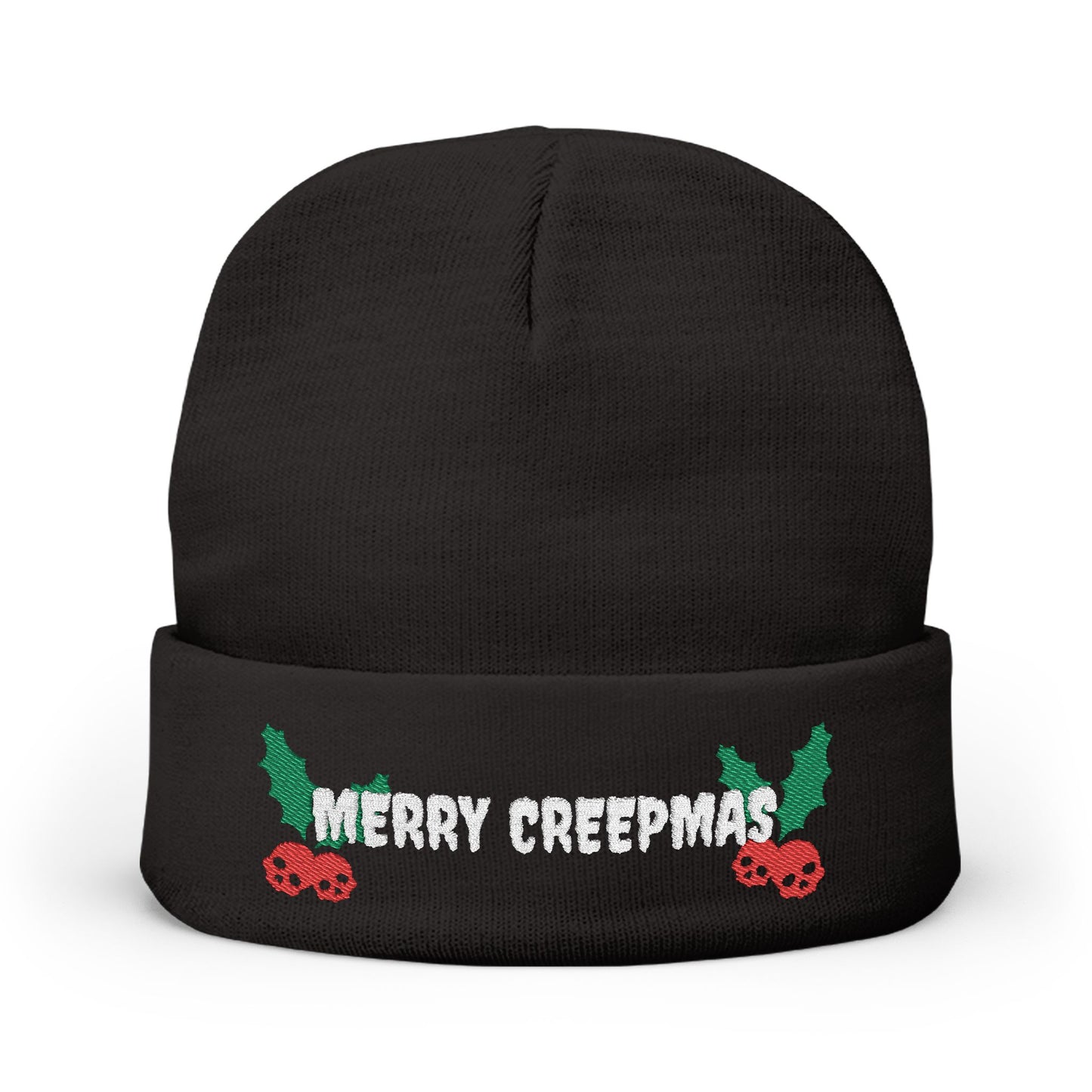 Merry Creepmas Embroidered Knit Beanie Hat (BLACK)