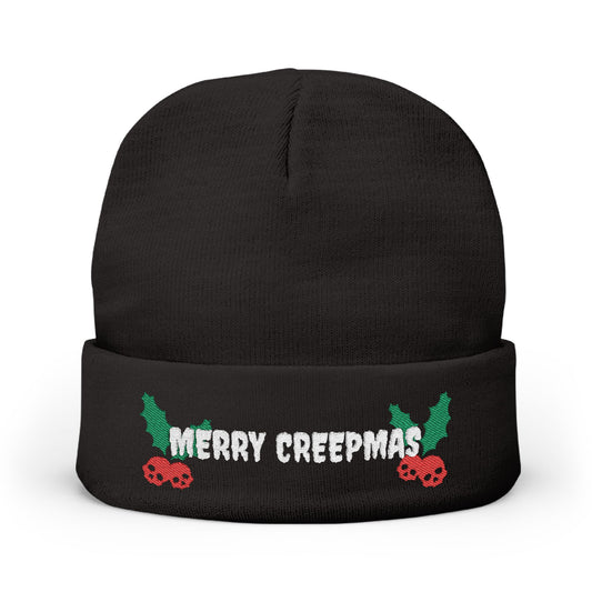 Merry Creepmas Embroidered Knit Beanie Hat (BLACK)