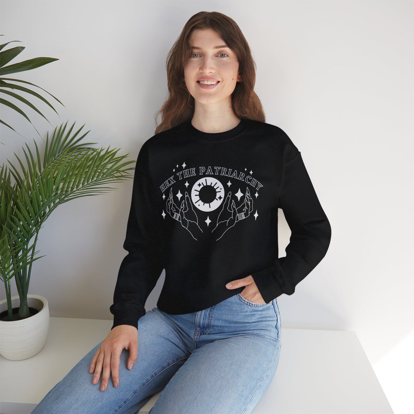 Hex the Patriarchy Feminist Witchy Crewneck Sweatshirt (BLACK)